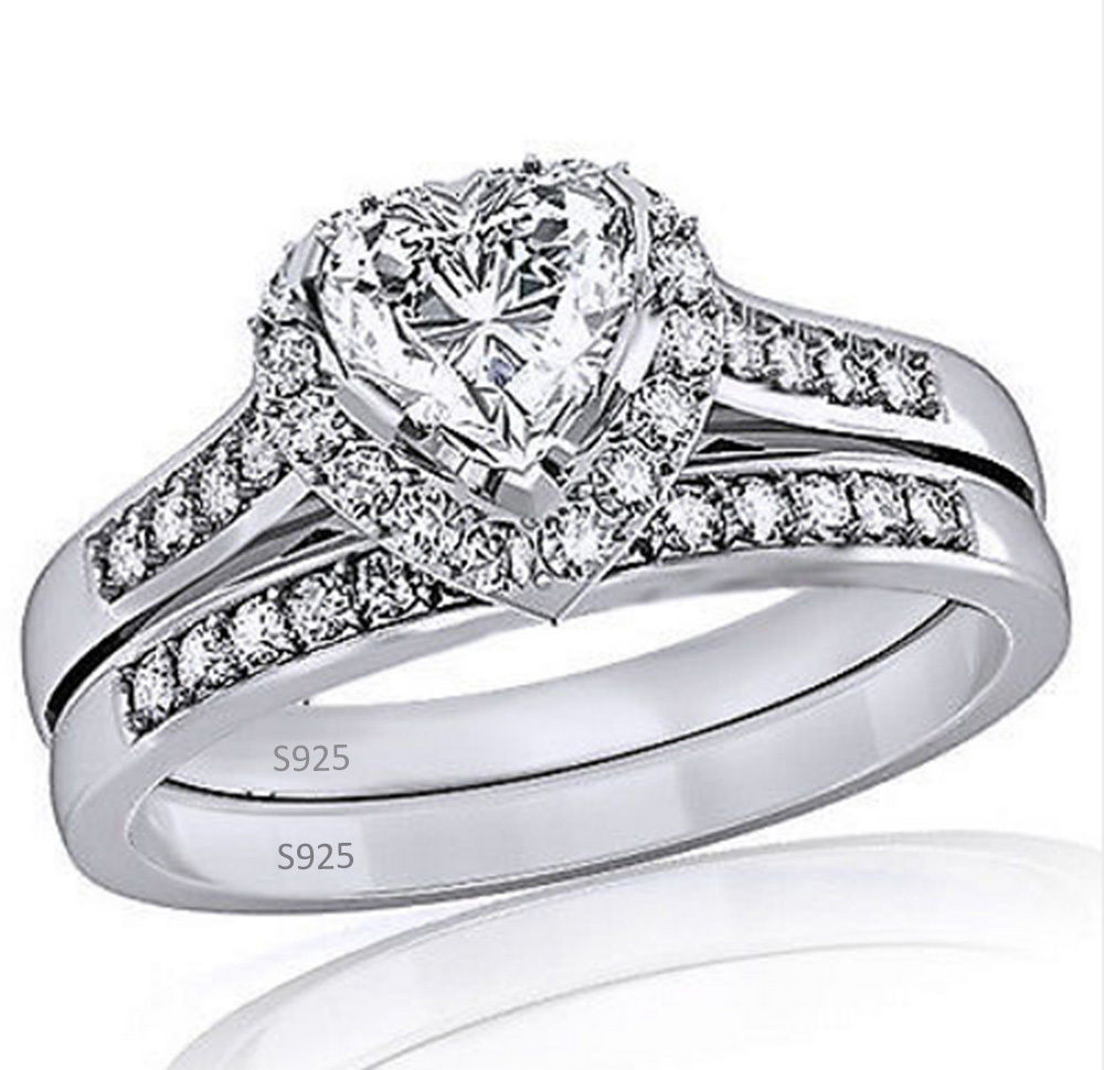 Heart Shaped Wedding Rings
 2 35 ct Sterling Silver 925 Heart Shaped CZ Halo