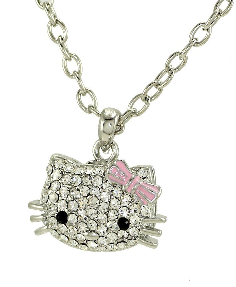 Hello Kitty Necklace
 Cute Hello Kitty Necklace Pink Bow Silver Tone Crystals 18