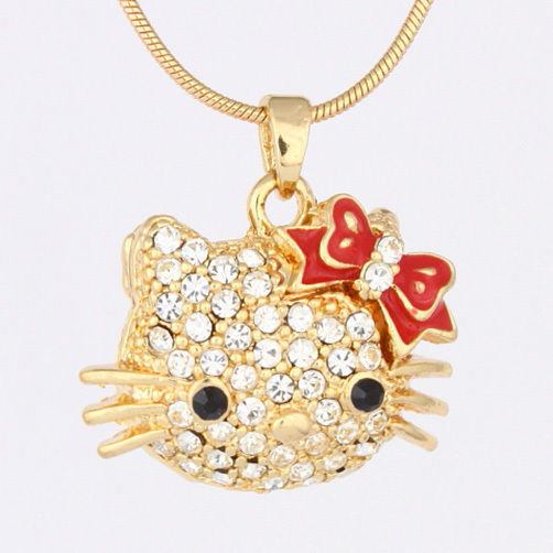 Hello Kitty Necklace
 Gold Plated Crystal Hello Kitty Red Hair bow Pendant