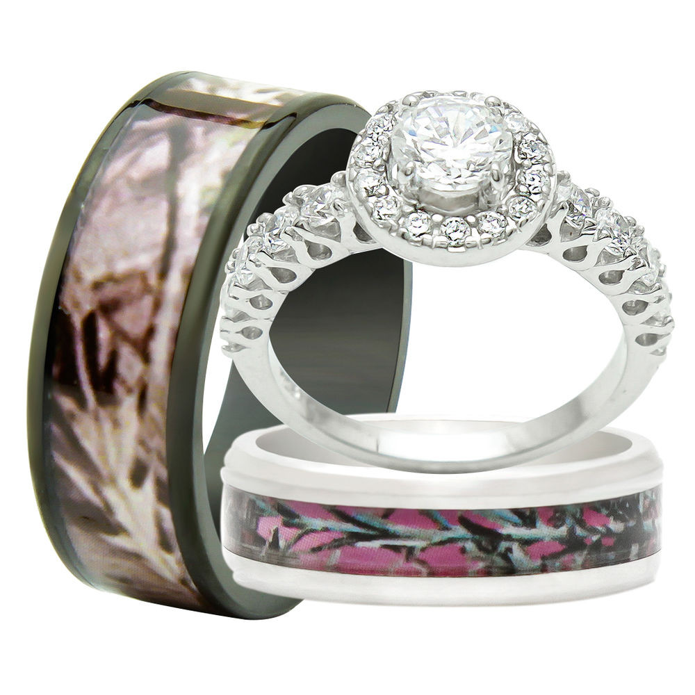 His And Her Wedding Ring Sets
 His and Hers 3PCS Titanium Camo 925 Sterling Silver