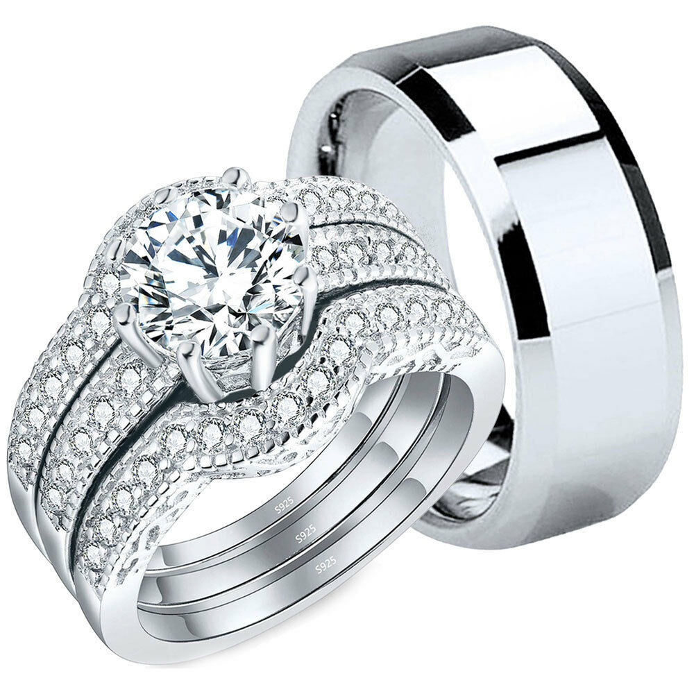 His And Her Wedding Ring Sets
 4 Pcs His Tungsten Hers Sterling Silver CZ Wedding