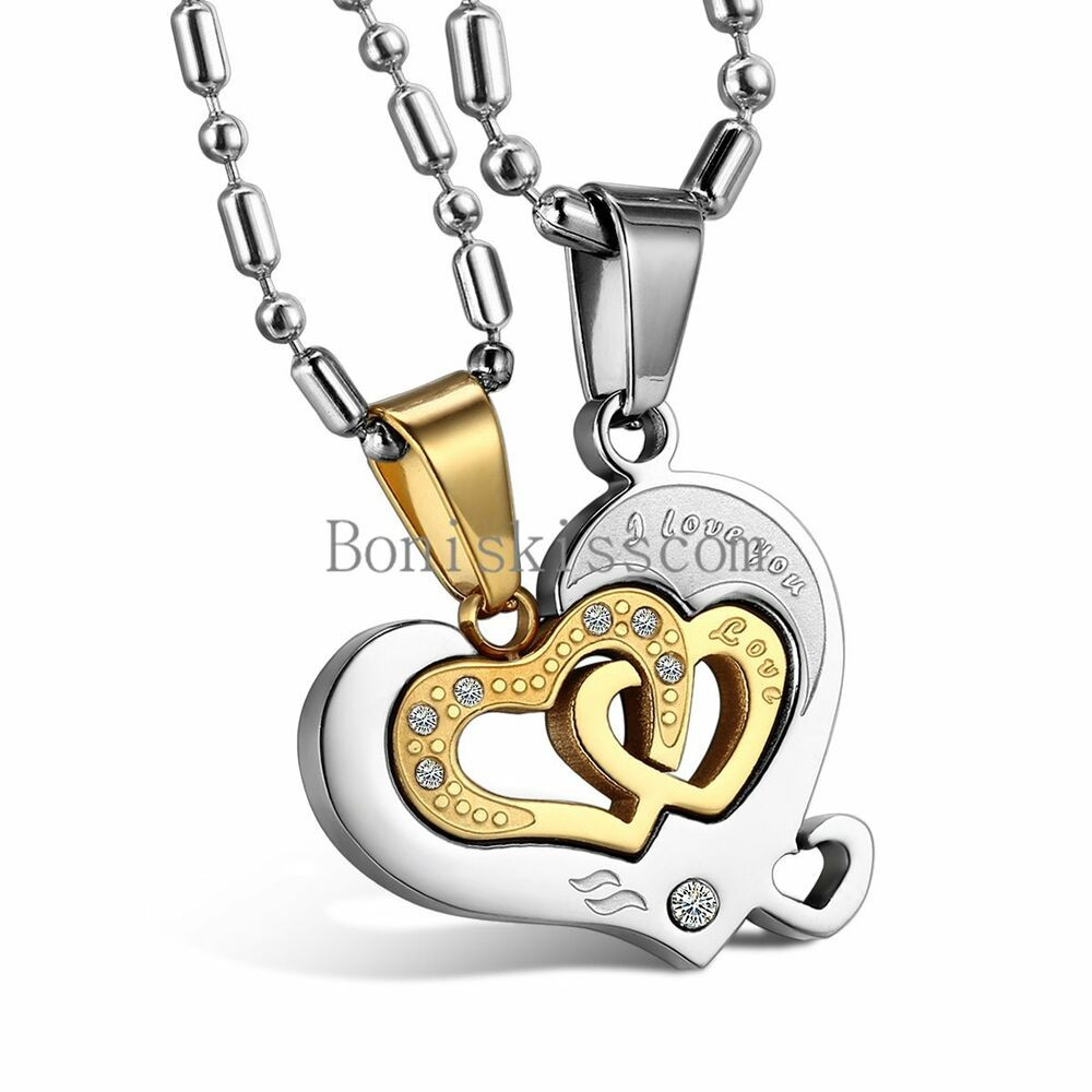 His Hers Necklace Set
 His and Hers Stainless Steel "I Love You" Heart Pendant