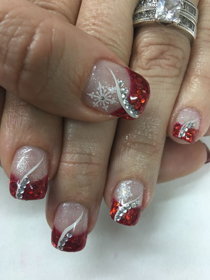 Holiday Gel Nail Designs
 Red Glitter French Bling Rhinestones Snowflake Christmas
