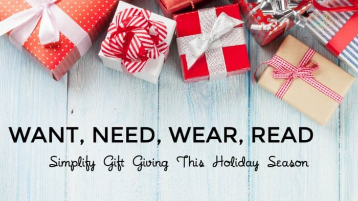 Holiday Gift Giving Ideas
 Want Need Wear Read Simplify Gift Giving With These