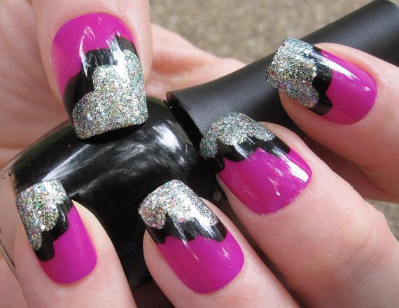 Holographic Glitter Nails
 Purple Black and Holographic Glitter Ruffle Tip Nail Art Set
