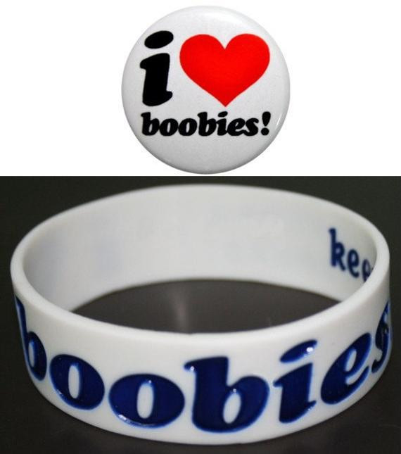 I Love Boobies Bracelets
 Items similar to I heart boobies button and bracelet set