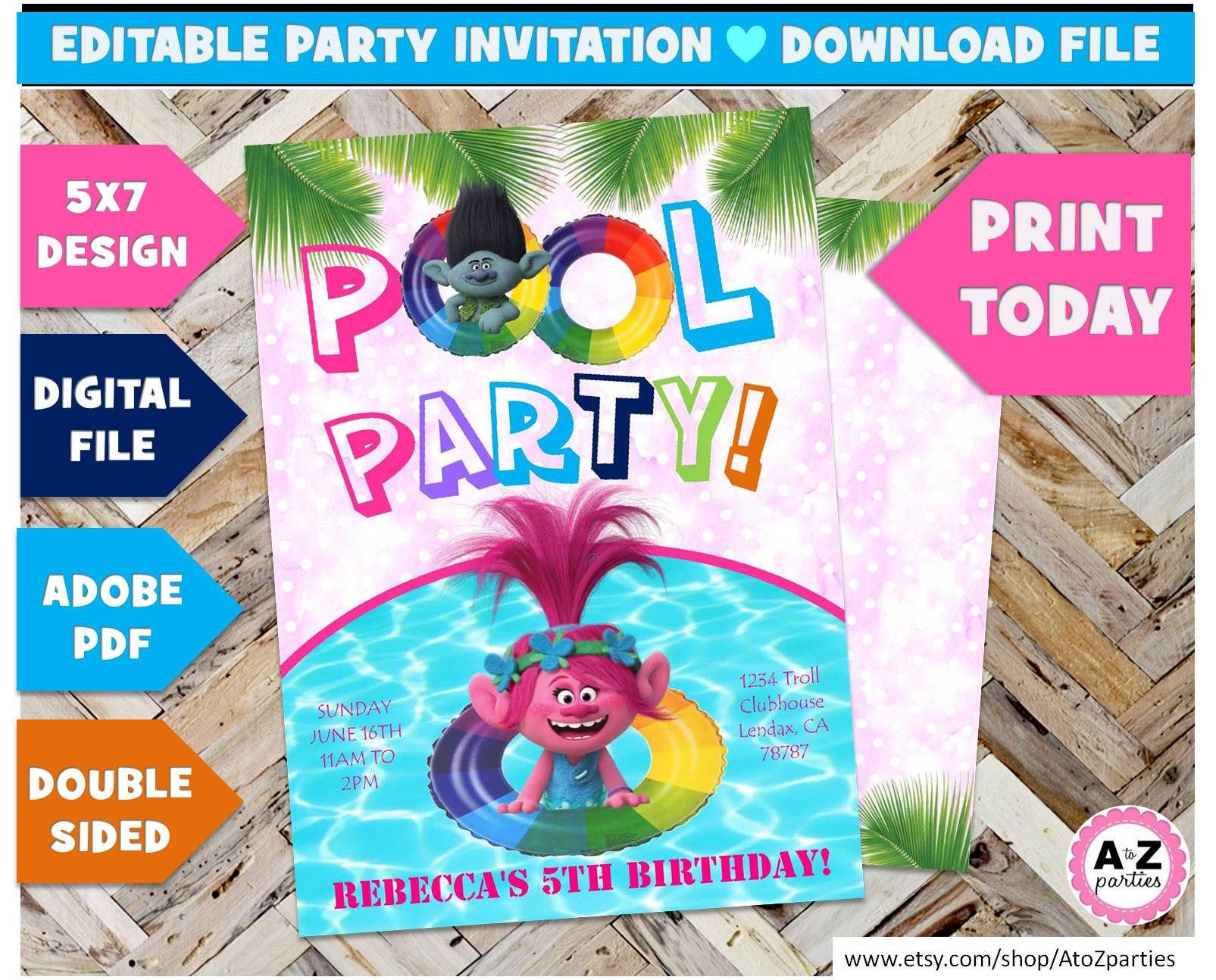 Ideas For A Trolls Pool Party
 Trolls Pool Party birthday invitation Editable Trolls