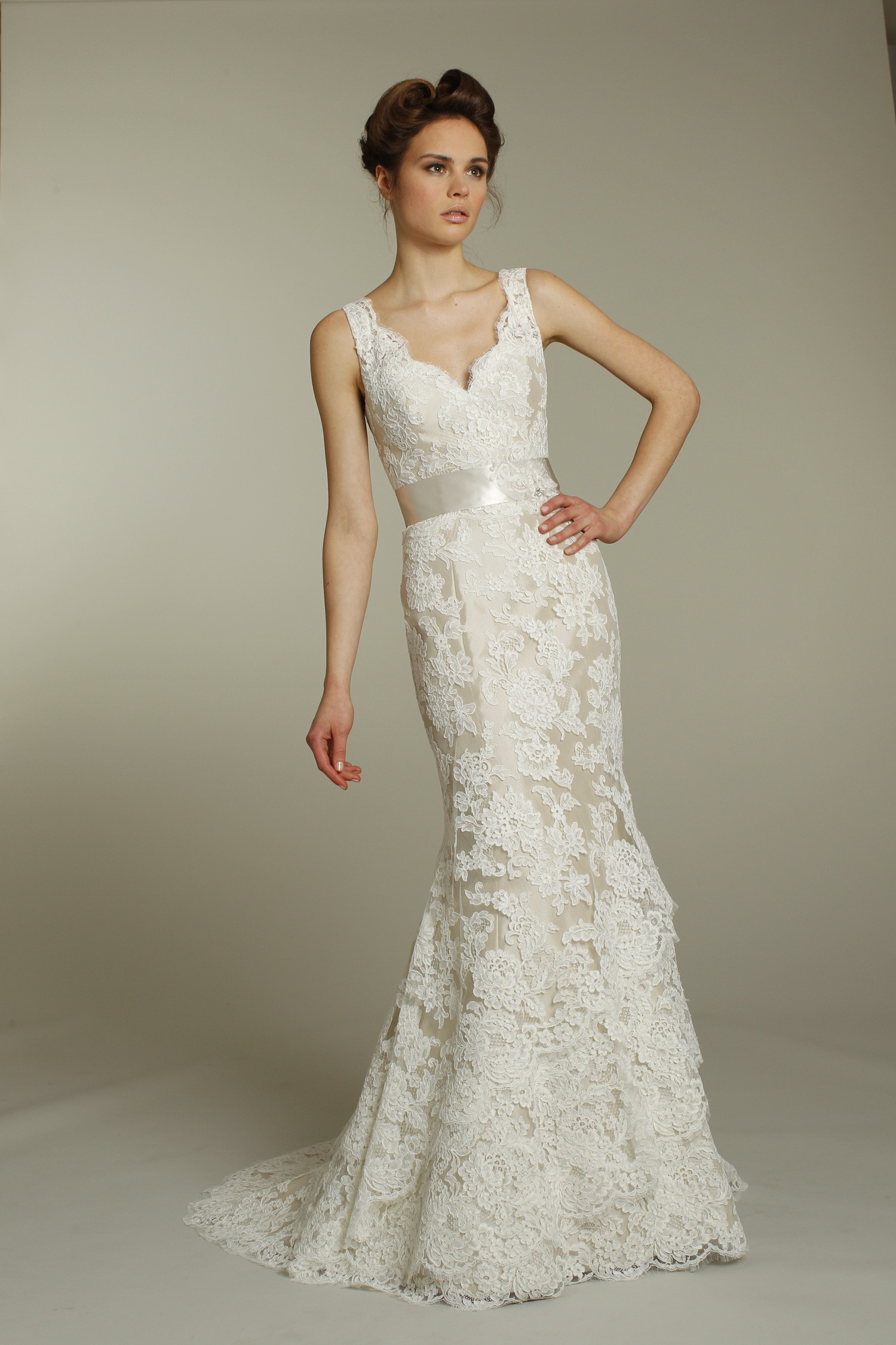 Ivory Lace Wedding Gowns
 Romantic ivory v neck lace wedding dress with champagne