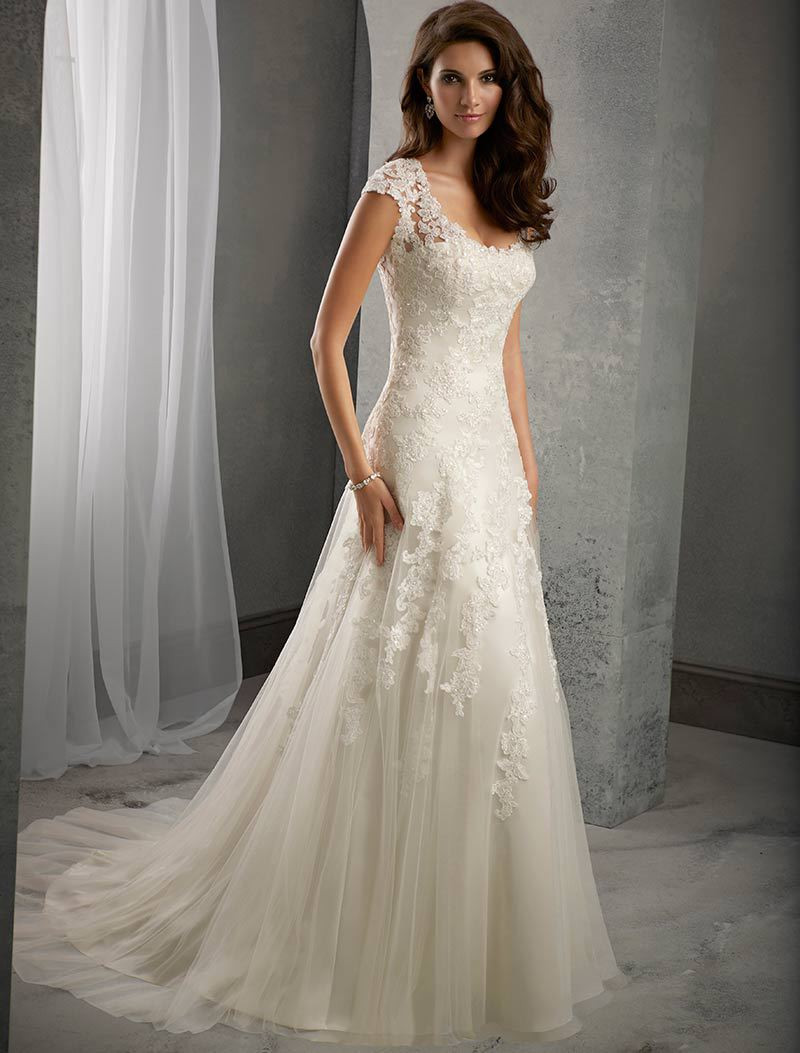 Ivory Lace Wedding Gowns
 Ivory Lace Cap Sleeves Court Train Wedding Mermaid Dress