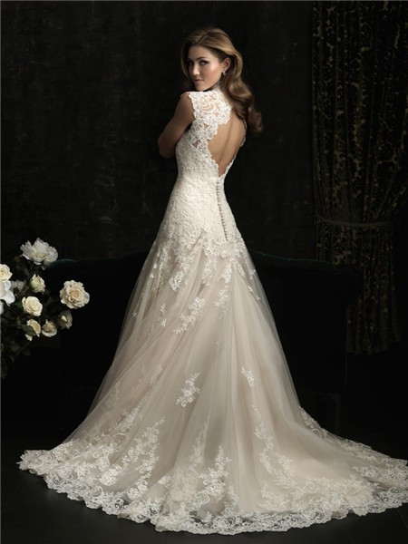 Ivory Lace Wedding Gowns
 Elegant A Line Princess Scallped Neck Ivory Lace Wedding