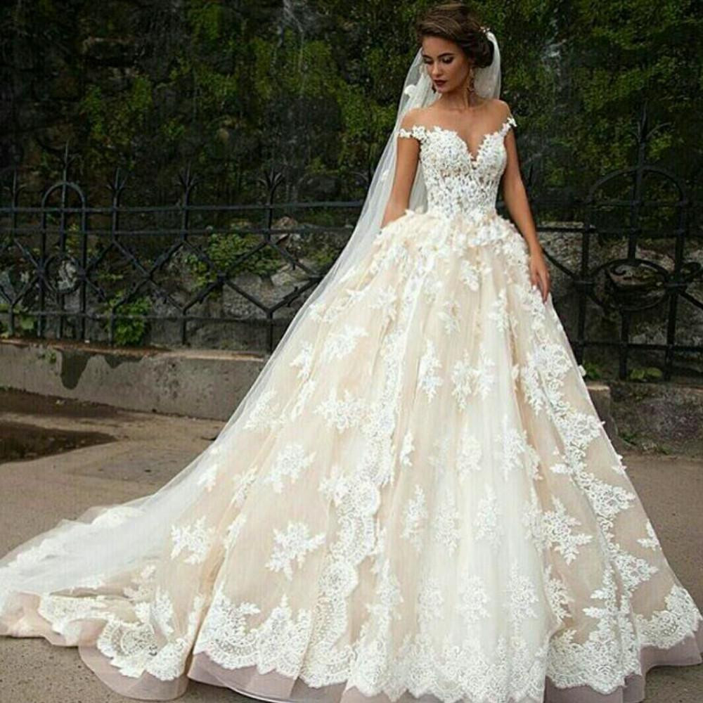 Ivory Lace Wedding Gowns
 formal elegant cap sleeves A line ivory lace long wedding