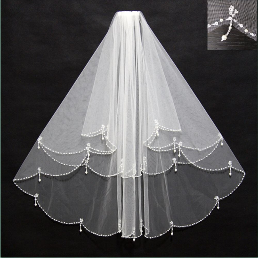 Ivory Wedding Veils With Pearls
 White Ivory Beaded Edge Pearl Sequins Wedding Bridal Veil