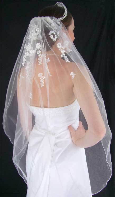 Ivory Wedding Veils With Pearls
 White or Ivory Beaded Sequined Pearl Accent Chantilly Lace