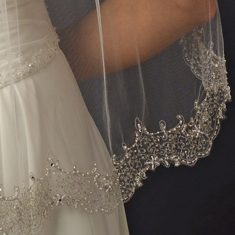 Ivory Wedding Veils With Pearls
 Intricate Silver Threaded Edge of Pearls & Beads Along