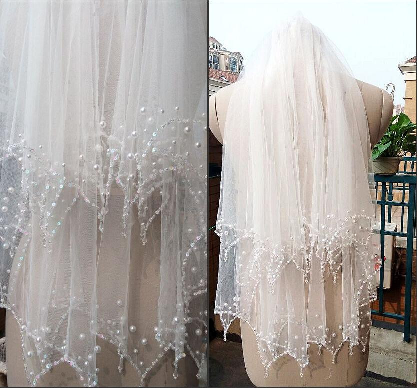 Ivory Wedding Veils With Pearls
 2T Ivory White Crystal Beading Pearls Bridal Veils Wedding
