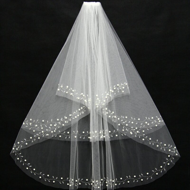 Ivory Wedding Veils With Pearls
 JAEDEN Two Layers Beading Design Tulle Cut Edge Light