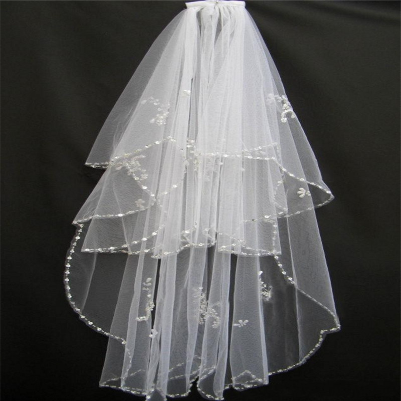 Ivory Wedding Veils With Pearls
 Cheap Sparkle 2 Layers Beading Pearls Edge Ivory Wedding