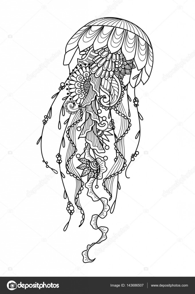 Jellyfish Coloring Pages For Adults
 Zendoodle stylized jellyfish for T Shirt design tattoo and