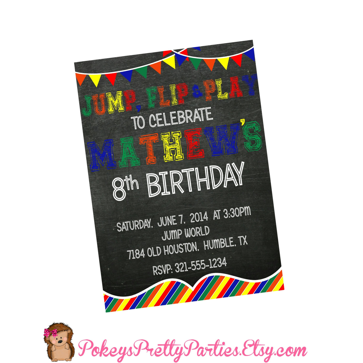 Jump Birthday Party
 Jump Flip and Play Moonwalk Birthday Party Invitation