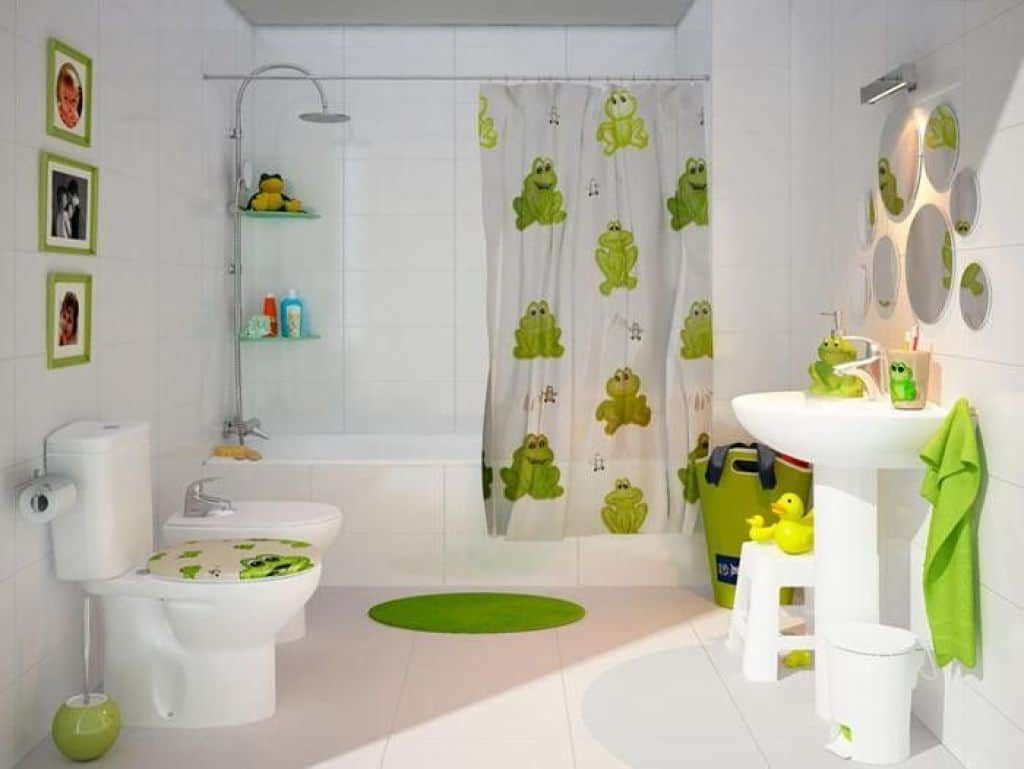 Kids Bathroom Design
 Kids Bathroom With White Fixtures And Green Accessories