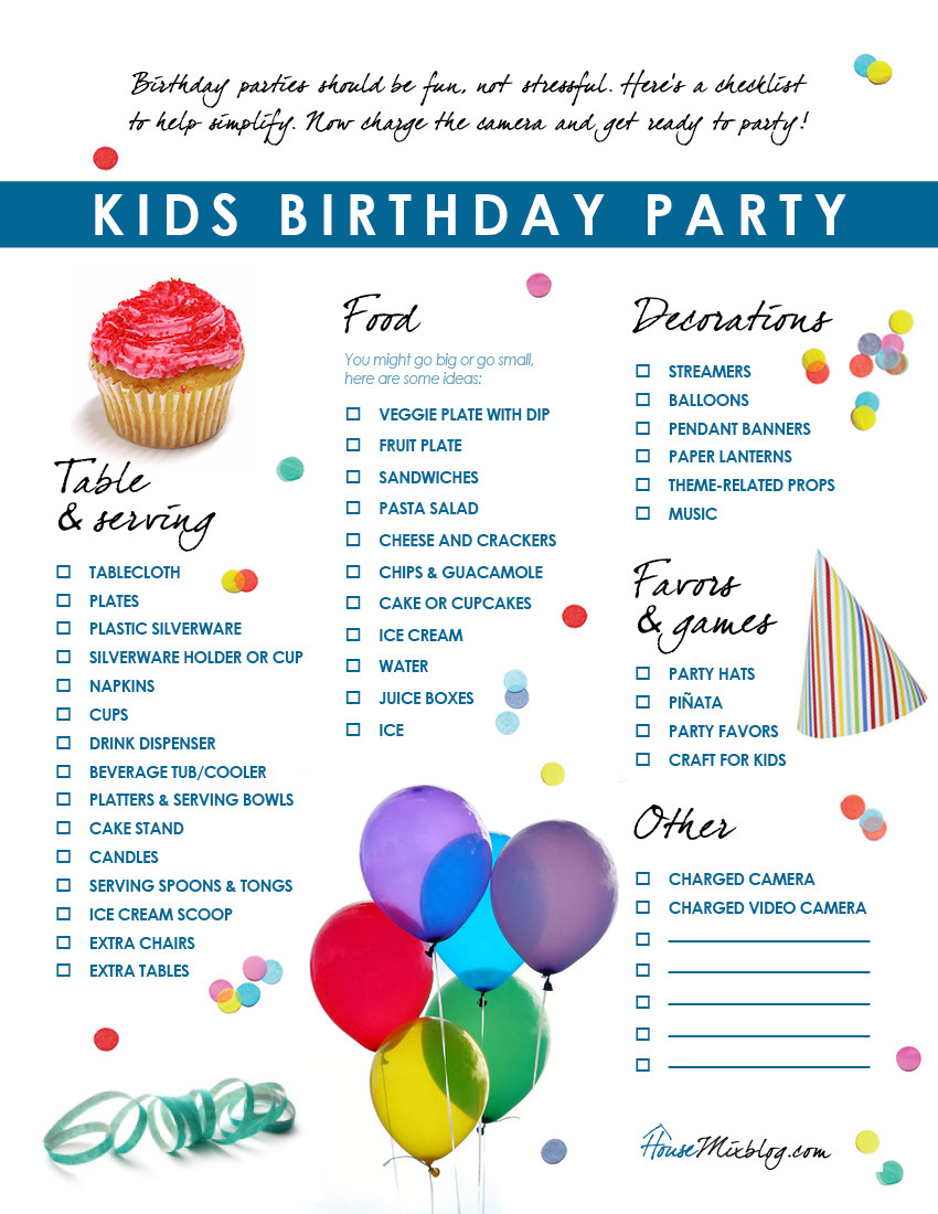 Kids Party Food List
 Kids birthday party checklist