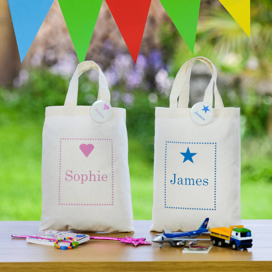 Kids Party Gift Bag
 personalised childrens party t bag & badge by andrea