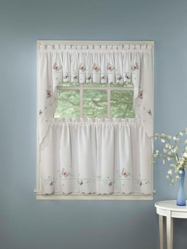 Kitchen Curtains Swags
 Monarch Embroidered Butterfly White Kitchen Curtains