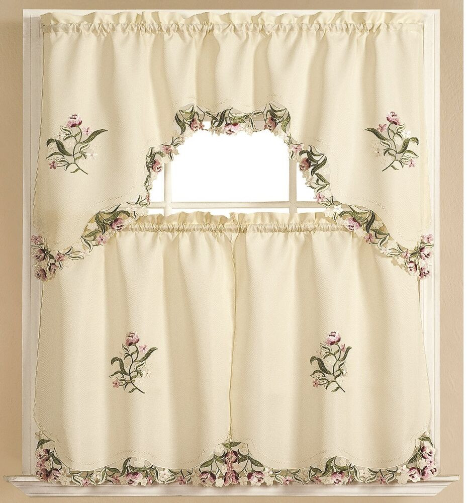 Kitchen Curtains Swags
 Kitchen Curtain embroidered 3 pc Applique Set e Swag
