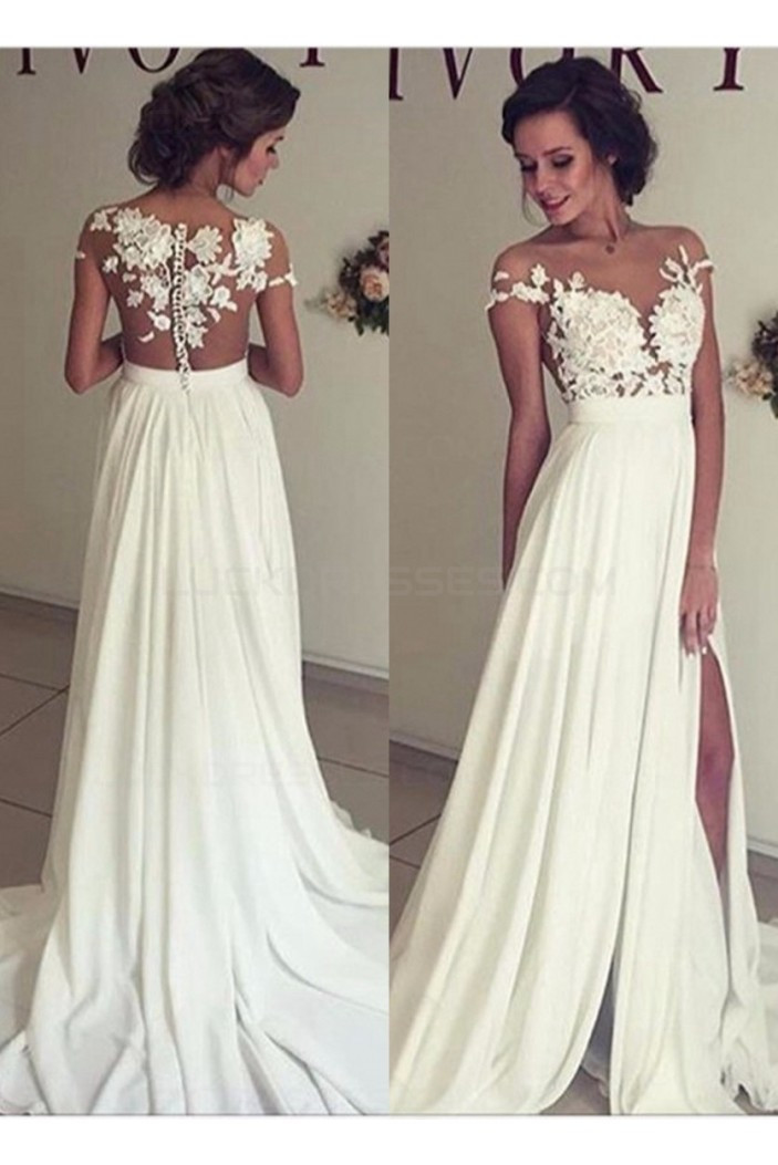 Lace Designer Wedding Gowns
 Elegant Illusion Bodice Lace Chiffon Wedding Dresses