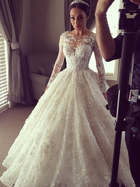 Lace Designer Wedding Gowns
 Elegant Ball Gown Lace Long Wedding Dress with Long