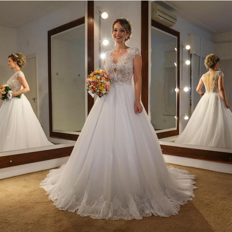Lace Designer Wedding Gowns
 Elegant Lace Cap Sleeves Nude Back Tulle Wedding Dresses