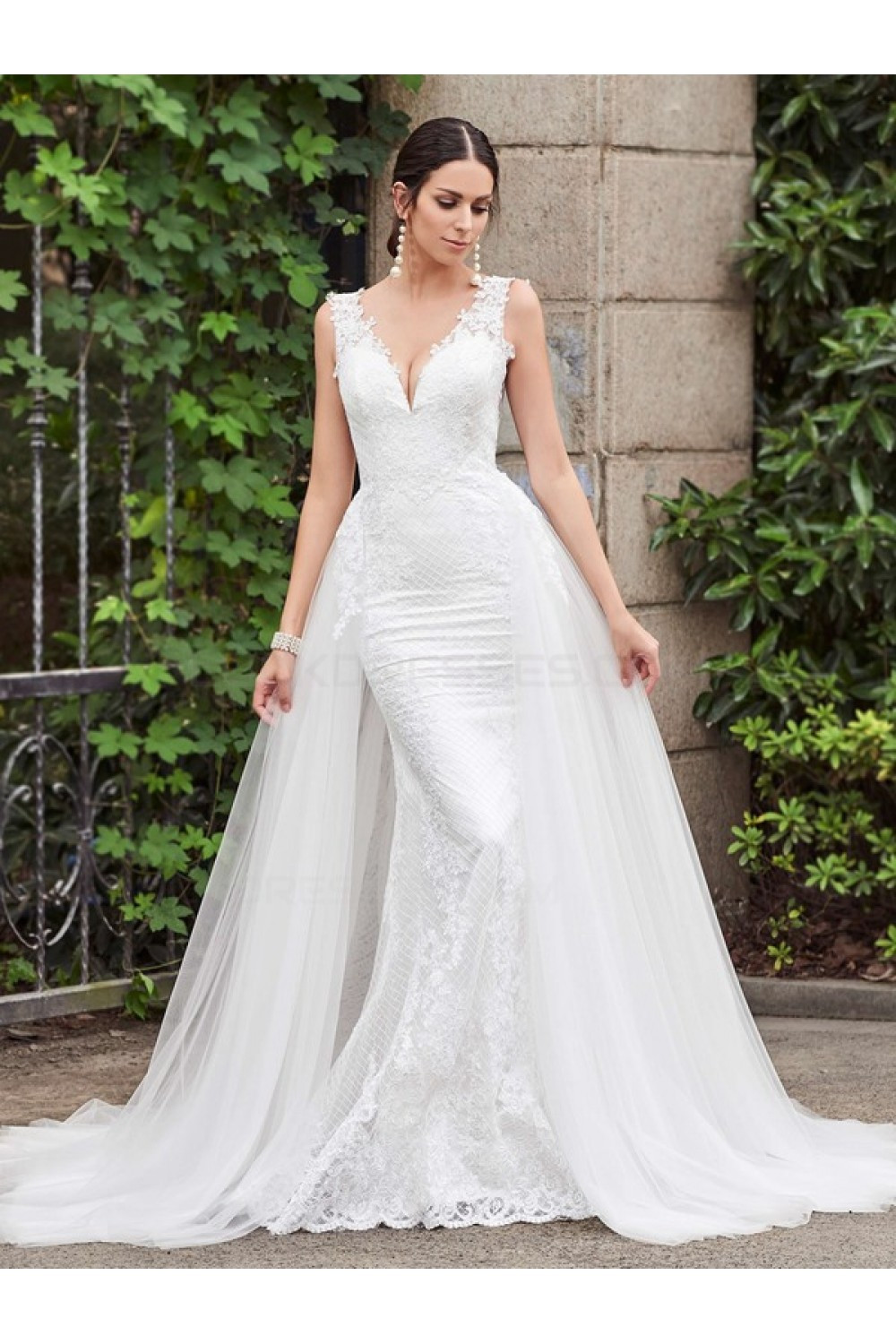 Lace Designer Wedding Gowns
 Mermaid Lace Tulle V Neck Wedding Dresses Bridal Gowns