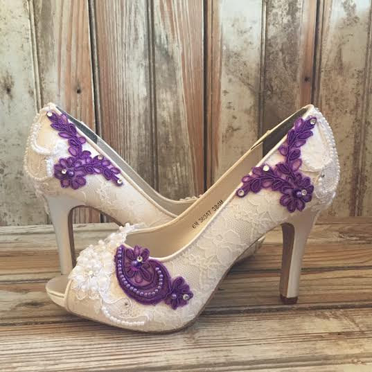Lavender Wedding Shoes
 Colored Bridal Shoes Purple Ivory White All Lace Beaded Peep