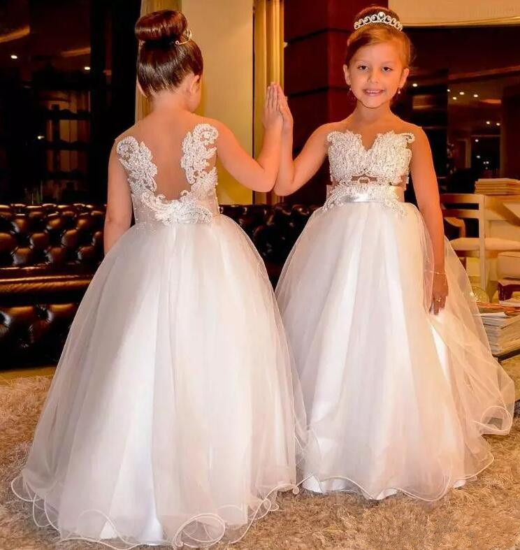 Little Girl Wedding Dresses
 2017 Luxury Flower Girl Dresses Lace Pearls Backless Tulle