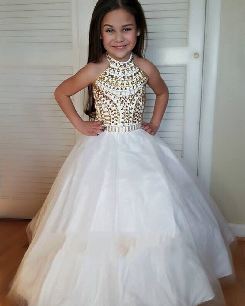 Little Girl Wedding Dresses
 White Halter Flower Girl Dresses 2016 Beautiful Gold