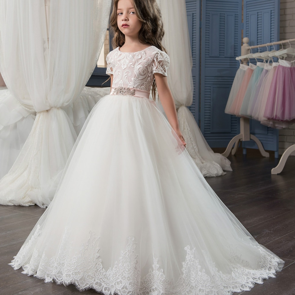 Little Girl Wedding Dresses
 New Arrival Luxury Ball Gown Lace Appliques Short Sleeve
