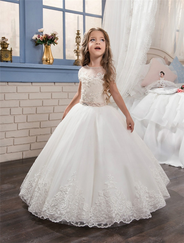 Little Girl Wedding Dresses
 2017 New White Lace Pearls First munion Dress for