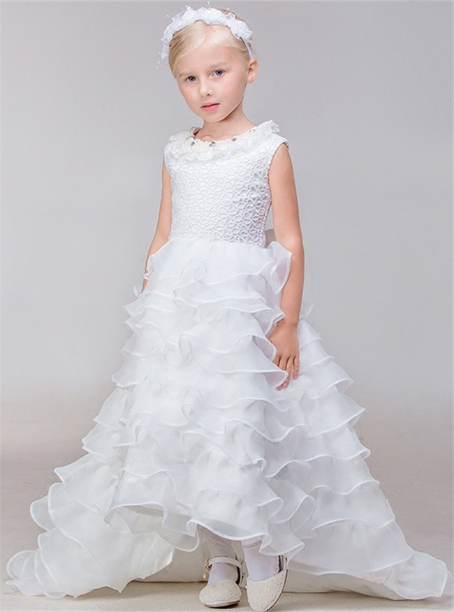 Little Girl Wedding Dresses
 High Low Organza Ruffle Tiered Little Girl Wedding Dress