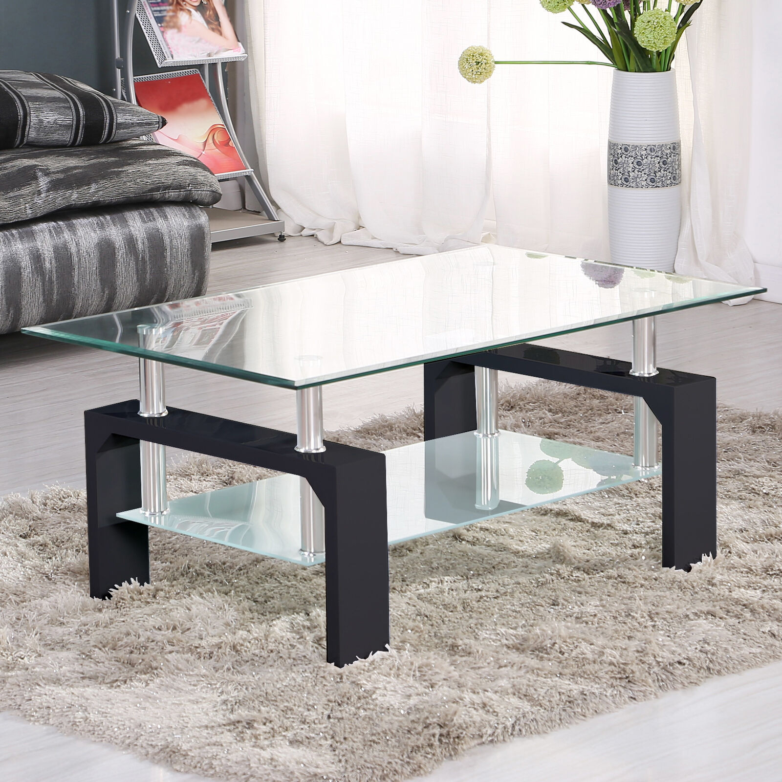 Living Room Coffee Tables
 Modern Rectangular Black Glass Coffee Table Chrome Shelf