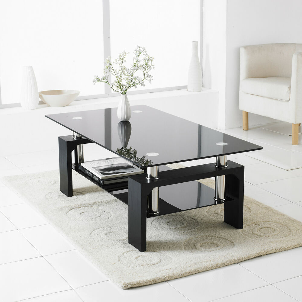 Living Room Coffee Tables
 Black Modern Rectangle Glass & Chrome Living Room Coffee