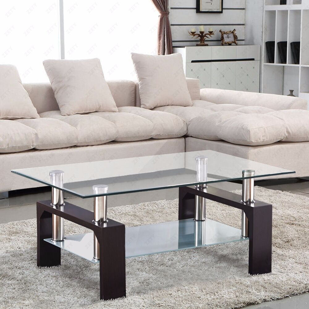Living Room Coffee Tables
 Glass Coffee Table Shelf Rectangular Chrome Walnut Wood