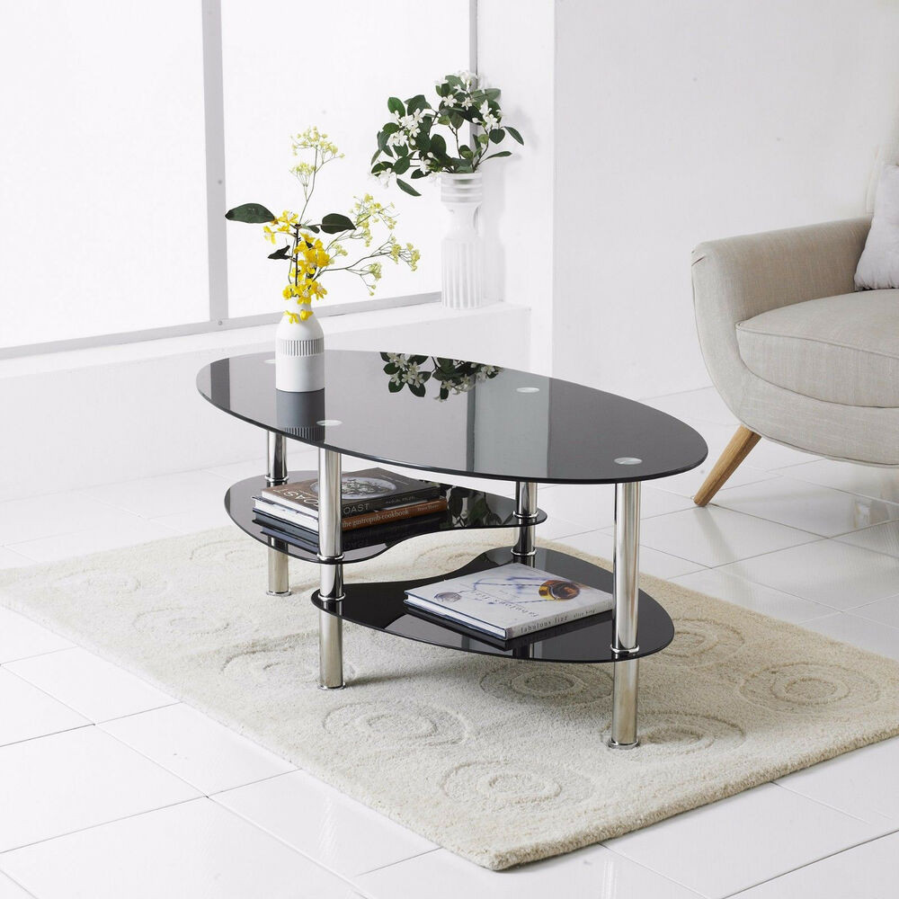 Living Room Coffee Tables
 Modern Black Glass & Chrome Oval Living Room Coffee Table