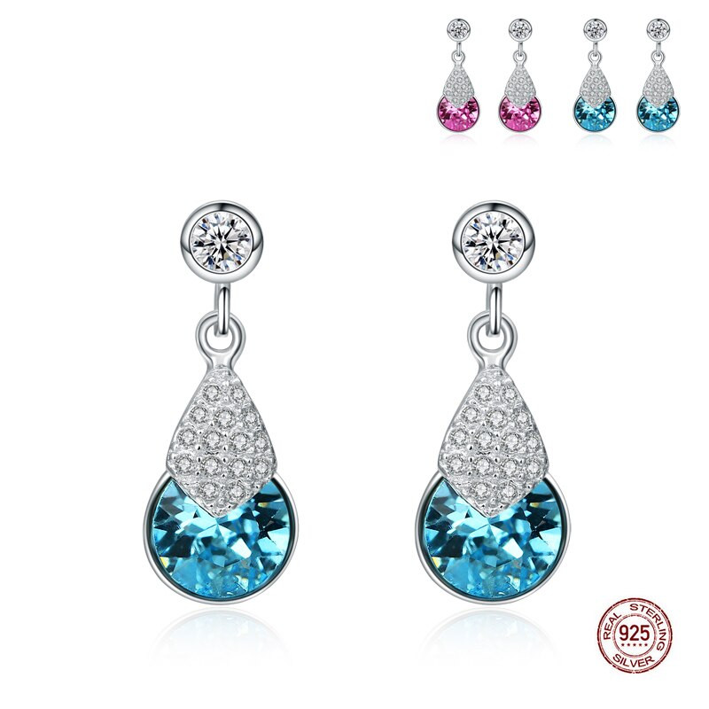 Long Silver Earrings
 CYW 925 sterling silver Blue Pink Crystal Earrings Long