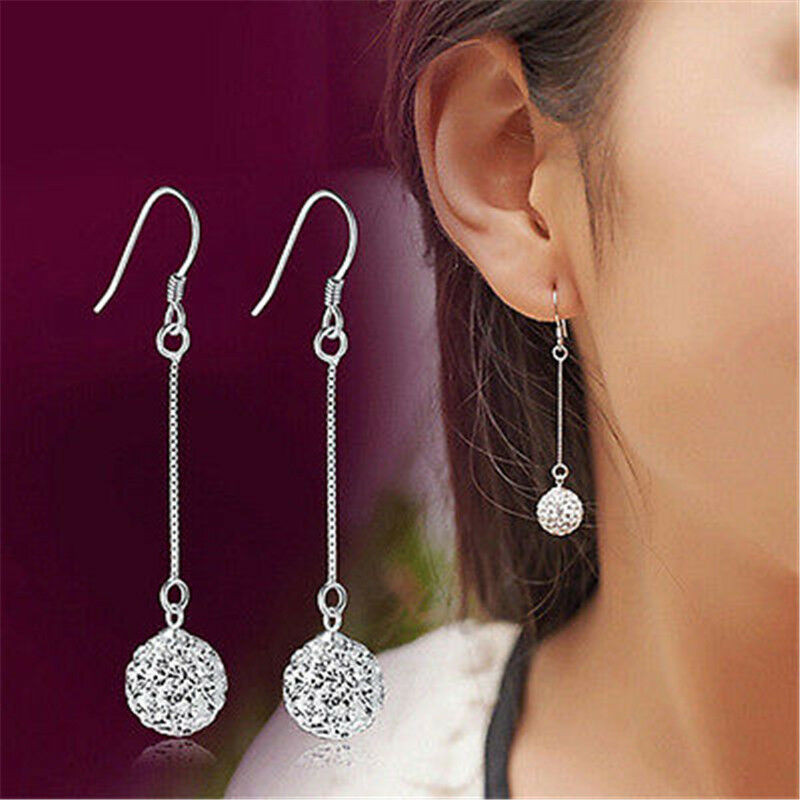 Long Silver Earrings
 Vintage Women Long Silver Hook Earring CZ Crystal Ear Stud