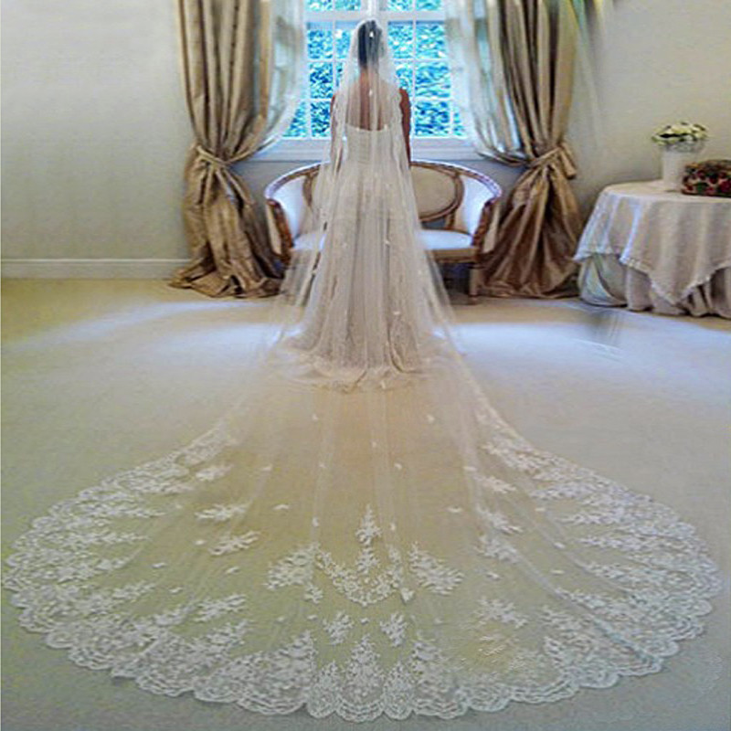 Long Wedding Veils With Lace
 In Stock 3 Meters Long Wedding Veil Bridal Veils White