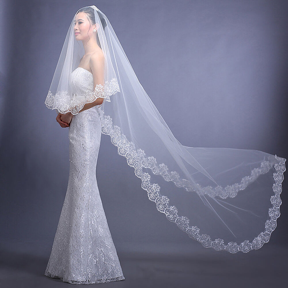 Long Wedding Veils With Lace
 Cathedral Length Lace Edge Bride Wedding Bridal Veil Long