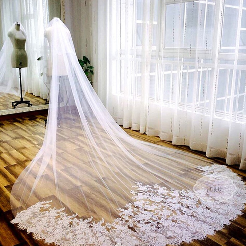 Long Wedding Veils With Lace
 3 Meter White Ivory Cathedral Wedding Veils Long Lace Edge