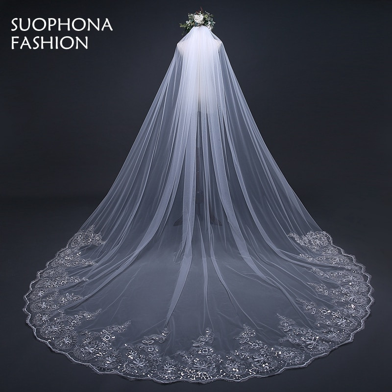 Long Wedding Veils With Lace
 3 Meter White Ivory Cathedral Wedding Veils Long Lace Edge
