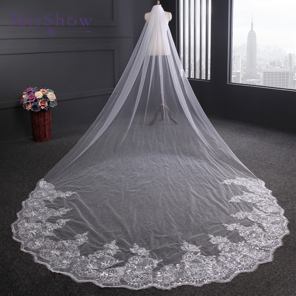 Long Wedding Veils With Lace
 4 Meter Ivory White Bridal Veils Lace Edge Tulle Bling