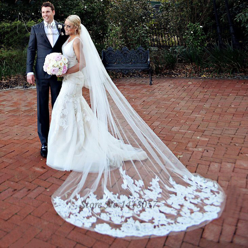 Long Wedding Veils With Lace
 2016 Applique Tulle 3 Meters Long Cathedral Wedding Veils
